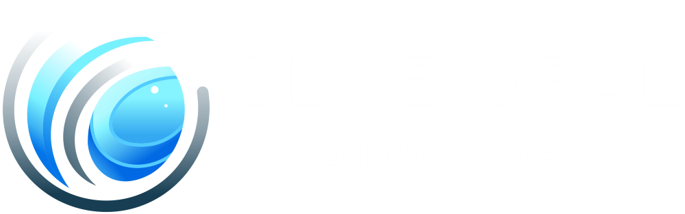 Logo for "Blue Opal Advisory" featuring a stylized, circular blue opal graphic on the left and the company name in uppercase white letters on a black background.