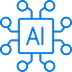 Blue outline icon of a microchip with “AI” in the center. Lines extend outward from the chip to circles, representing connections in artificial intelligence technology—symbolizing the integration of advisory and consultancy expertise within AI solutions.