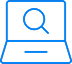 Blue outline icon of a laptop with a magnifying glass on the screen, representing search or research on a computer, ideal for use in advisory and consultancy services.